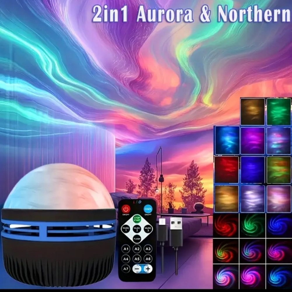 2 in 1 Aurora & Northern Projection Light - 7 Color Patterns w/Remote Control
